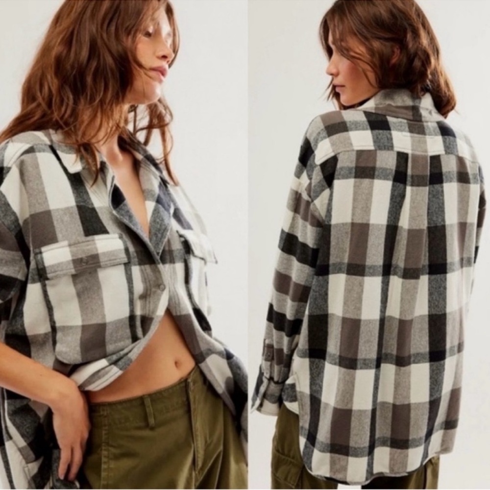 Free People We The Free Izzie Plaid Flannel Button Down Cargo Shirt